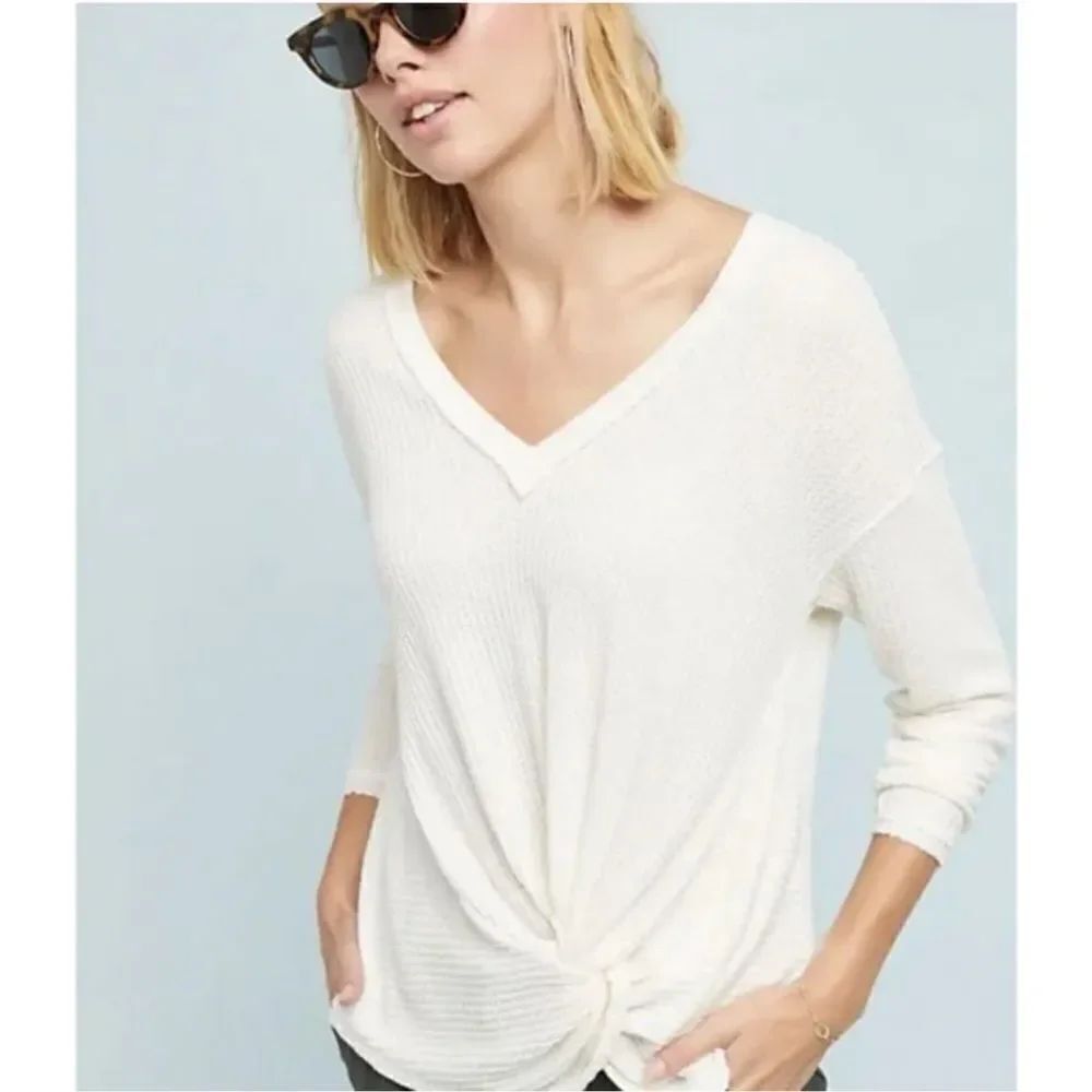 ANTHROPOLOGIE Akemi + Kin Waffle Thermal Knit Hem Twist Long Sleeve Blouse XS
